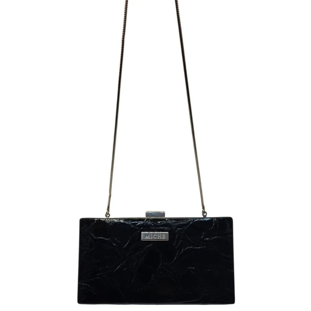 MICHE Black Patent Faux Croc Frame Clutch Wallet Crossbody Evening Bag